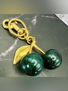 Green Glitter with Gold, Cherry Bag Charm/Keychain.